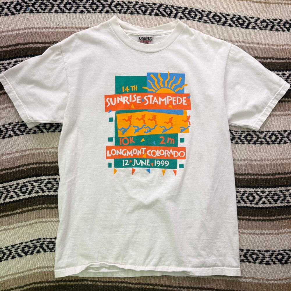 Vintage 1999 Sunrise Stampede Longmont Colorado White Running Race Shirt Sz M